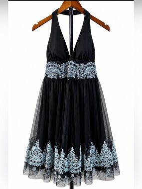 XOXO Black Blue Beaded Sequin Halter Y2K Dress Size 7